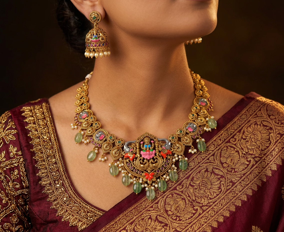 After - Gold necklace and earring set on faceless model